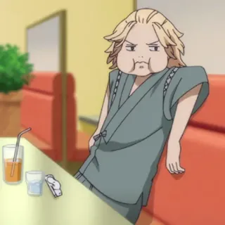 😒 889f82f3 Anime, Cartoon, Man, Grappig, Tafel, Sinaasappelsap, Bolle wangen whatsapp sticker