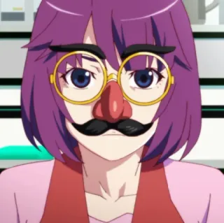 🥸 b9234058 Anime, Vermomming, Grappig, Bril, Nep snor, Paars haar whatsapp sticker