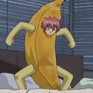 🍌 d4a5da41 banaan, anime, cartoon, kostuum, grappig, slaapkamer, bed whatsapp sticker