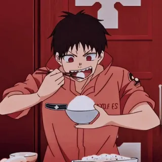 🤤 e3d3307f Shinra Kusakabe Fire Force TOKYO.F.F Anime, Feuerwehrmann, Reis, Essen, Rote Uniform telegram sticker