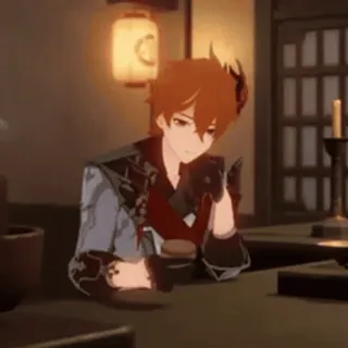😔 dada3811 Tartaglia Genshin Impact Anime, Jeu vidéo, Genshin Impact, Tartaglia, Personnage, Assis, Triste, Buvant telegram sticker