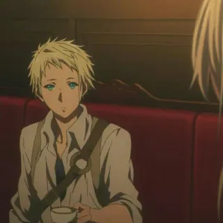 ✨ 4e446ac1 anime, cabelo loiro, masculino, personagem, sentado, dentro de casa, copo telegram sticker