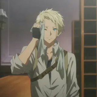 ✨ 7d7e925b Gilbert Bougainvillea Violet Evergarden Anime, Personagem, Homem, Cabelo loiro, Olhos azuis, Suor, Roupa telegram sticker