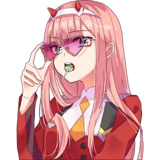 💕 bf972fd7 Zero Two Darling in the Franxx anime, personaggio, capelli rosa, Zero Two, Darling in the Franxx, occhiali, lecca-lecca telegram sticker
