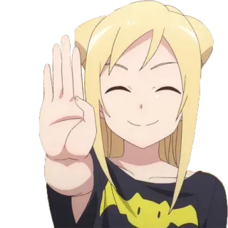 ✋ 82e1bef0 anime, gadis, rambut pirang, senyum, angkat tangan, berhenti telegram sticker