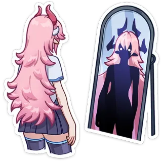😈 48d8203f Аниме, Демон, Зеркало, Отражение, Мультфильм, Рога, Розовые волосы whatsapp sticker