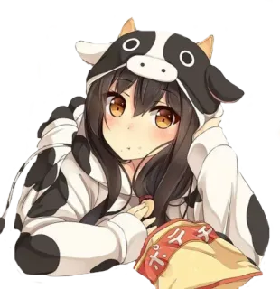 🖤 f3cda32e 动漫, 女孩, 奶牛, 可爱, 卡通, 食物, 薯片, 零食 telegram sticker