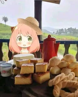 😗 094f7a45 Anya Forger Spy x Family Anime, Dziewczyna, Kreskówka, Urocze, Jedzenie, Śniadanie, Chleb serowy, Kraj telegram sticker