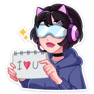 ❤️ fd65b67f I❤️U amore, carino, cuore, anime, ragazza, cuffie, gamer, orecchie da gatto telegram sticker