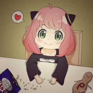 🥜 bf3a7d9e Anya Forger Spy x Family SUPER DISH!! PEANUTS 动漫, 花生, 可爱, 角色, 吃, 食物, 爱心 telegram sticker