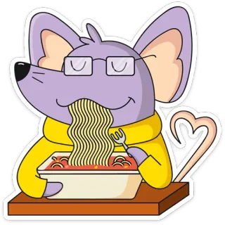 🍜 ec523213 ねずみ, 漫画, スパゲッティ, 食べる, 食べ物, メガネ, 可愛い, 動物 telegram sticker