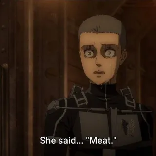 😨 804fb452 Attack on Titan She said..."Meat." อนิเมะ, ผ่าพิภพไททัน, ทหาร, สยองขวัญ, ความรุนแรง, สยอง, เนื้อ telegram sticker