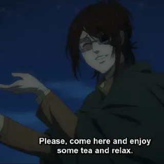 😁 9257bf40 Hange Zoë Attack on Titan Please, come here and enjoy some tea and relax. อนิเมะ, ตัวละคร, ยิ้ม, ชา, เชิญ telegram sticker