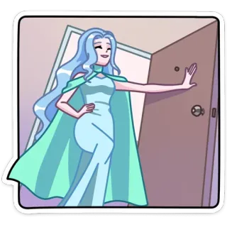 👋 077e7fbc 女性, ドレス, 漫画, キャラクター, ドア, 到着 telegram sticker