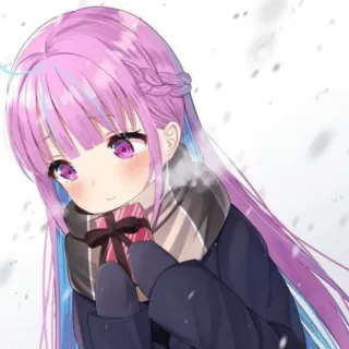 👾 7e97881b anime, menina, cabelo rosa, olhos roxos, inverno, presente whatsapp sticker