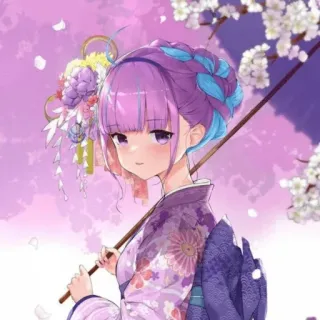 👾 92c5b921 garota anime, cabelo roxo, quimono, flores de cerejeira, fofa, japonês, tradicional whatsapp sticker