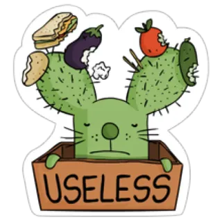 👸 5fd148cb USELESS inutile, cactus, déchets, ordures, triste, dessin animé, autocollant whatsapp sticker
