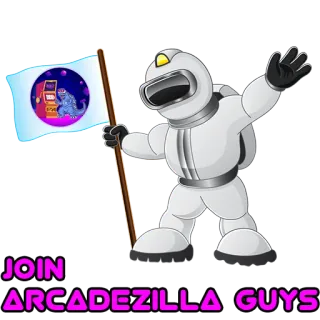 💵 91bd6b08 JOIN ARCADEZILLA GUYS 街机, 哥斯拉, 宇航员, 旗帜, 游戏, 娱乐, 复古 whatsapp sticker