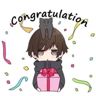 🎁 9e27a262 Congratulation 恭喜, 庆祝, 礼物, 动漫, 猫, 可爱, 丝带 telegram sticker