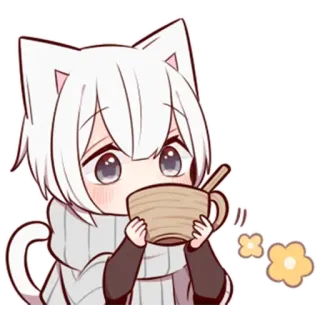🍵 c871a6fc кот, кошачьи ушки, аниме, чиби, каваи, чай, чашка, милый telegram sticker