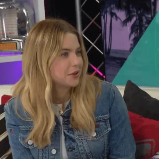 🌔 e59c43c4 woman, blonde hair, denim jacket, portrait, person, smile whatsapp sticker