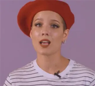 😐 e4b37865 Halsey cantante, cantautrice, donna, basco rosso, maglia a righe telegram sticker