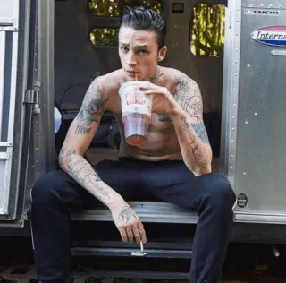 💲 1a4bb16a tattoo, man, cigarette, drink, tattoos, sitting, male telegram sticker