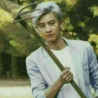 🔪 ceaa82cd pria, rambut perak, garpu rumput, luar ruangan, potret, alat kebun whatsapp sticker