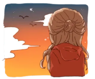 🌆 f6764971 소녀, 일몰, 새, 구름, 하늘, 평화로운, 애니메이션, 만화 telegram sticker