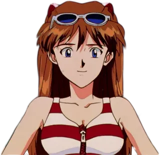 ☺️ e724fc2f Asuka Langley Soryu Neon Genesis Evangelion 애니메이션, 여자, 캐릭터, 아스카, 선글라스, 미소, 해변, 수영복 telegram sticker
