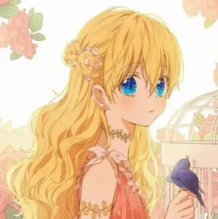 🎀 1c03621f chica anime, ilustración, dibujo animado, pelo rubio, ojos azules, pájaro, rosas telegram sticker