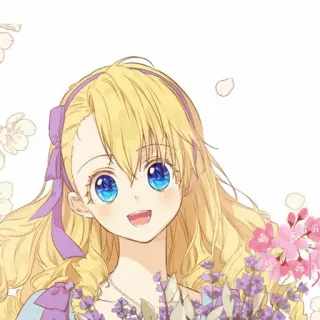 🎀 eef73cda chica anime, pelo rubio, ojos azules, sonriendo, flores, dibujos animados telegram sticker