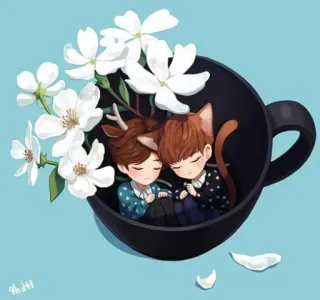 💤 64e26e24 mignon, chibi, fleurs, couple, fantaisie, tasse à thé telegram sticker