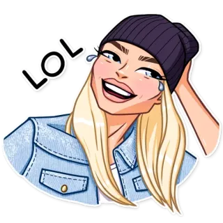 😂 8702c8a1 LOL tertawa, wanita, topi, jaket, pirang, lol, emoji, stiker telegram sticker