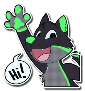 😀 e494b8cb Hi! Фурри, Волк, Привет, Приветствие, Мультик, Неоновый зеленый, Антропоморфный whatsapp sticker