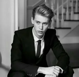 🌛 7454fbc3 мужчина, костюм, галстук, черно-белый, сидящий, лестница, в помещении whatsapp sticker