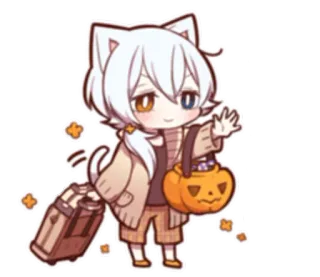 👋 1c3c71a0 anime, cat, halloween, pumpkin, suitcase, chibi, travel, cartoon telegram sticker