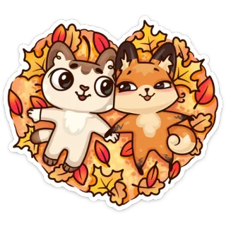 ❤️ 5043b214 kucing, rubah, musim gugur, daun, hati, imut, hewan whatsapp sticker