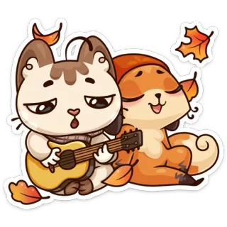 🍂 ef85a94c kucing, rubah, gitar, musim gugur, musim gugur, daun, imut, kartun whatsapp sticker