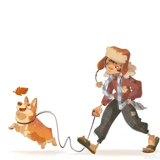 ☂️ b3516242 Corgi, Hund, Spaziergang, Herbst, Blatt, Hut, Schal, Person telegram sticker