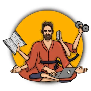 🧘‍♂️ 7ff10dc4 homem, livro, haltere, telefone, laptop, yoga, meditação, multitarefa telegram sticker