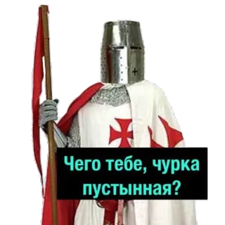 👳 3f13cf16 Чего тебе, чурка пустынная? crusader, knight, helmet, sword, medieval, insult telegram sticker