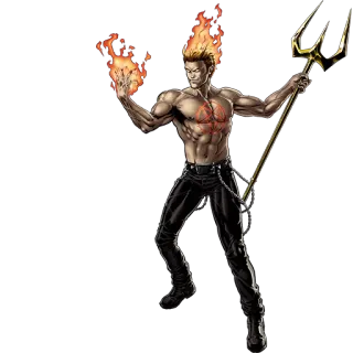 👊 4bb65399 vuur, man, gespierd, wapen, drietand, pose, stripboek telegram sticker