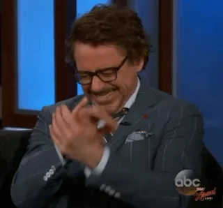 😹 03b4c037 Robert Downey Jr. актер, знаменитость, очки, мужчина, костюм, смеется, аплодисменты telegram sticker