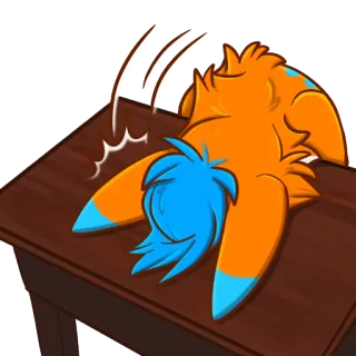 😵 01be7bbb Furry, Zwierzę, Pomarańczowy, Niebieski, Uderzenie, Stół, Kreskówka, Frustracja telegram sticker