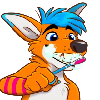 😁 3e214220 zwierzę, mycie zębów, lis, kreskówka, higiena, dentystyczny, pomarańczowy, niebieski telegram sticker