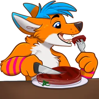 🍽 e4bfba55 Furry, Antropomorficzny, Lis, Jeść, Stek, Nóż, Widelec, Kreskówka telegram sticker
