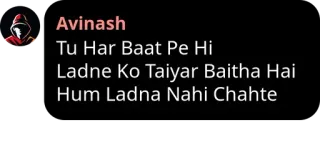 🖤 bd47f0d1 Tu Har Baat Pe Hi
Ladne Ko Taiyar Baitha Hai
Hum Ladna Nahi Chahte ภาษาฮินดี, คำคม, ข้อความ, เศร้า, ต่อสู้ telegram sticker