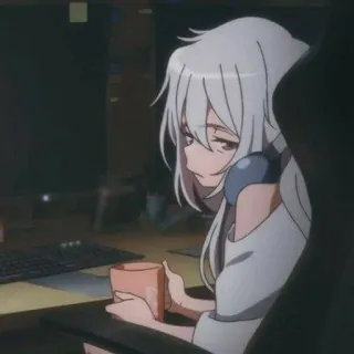 😑 0432812d anime, girl, coffee, computer, tired, white hair whatsapp sticker