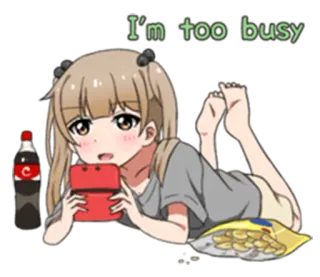 🙄 66bf0e4e I'm too busy 애니메이션, 소녀, 게이밍, 바쁜, 게임 중, 간식, 탄산 telegram sticker